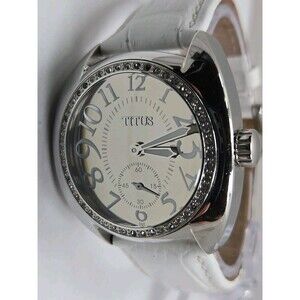 Titus Womens Watch Silver Tone Rhinestone Bezel White Leather Quartz New Battery